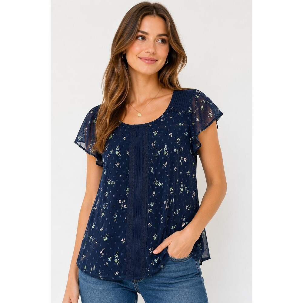 LC Lauren Conrad Women’s Large Navy Floral Sheer Blouse Flutter Sleeve Top